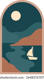 Abstract Greek coast landscape with sailboat and sunset – Design illustration for decoration, wall decor, wallpaper, cover, banner.