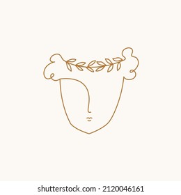 Abstract greek face with laurel wreath. Line art, modern human abstract portrait. Vector illustration. 