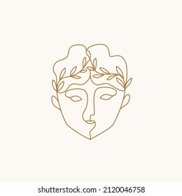 Abstract greek face with laurel wreath. Line art, modern monoline human abstract portrait. Vector illustration. 