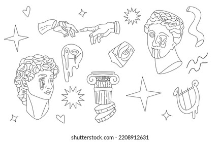 Abstract greek  sculpture and surreal geometric shapes. outline illustrations of modern statues. Sticker pack. Vector eps