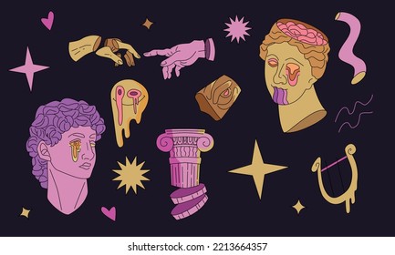Abstract greek  sculpture and surreal geometric shapes.  modern statues. Sticker pack. Vector eps