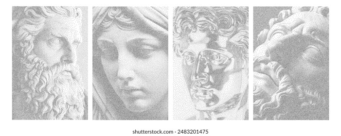 Abstract Greek statues with pointillist halftone stipple effect, for grunge punk y2k collage design. Pop Art style dotted antique renaissance elements. Vector illustration for vintage poster