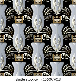 Abstract Greek Vases seamless pattern. Vector black floral background with hand drawn flowers, swirls, branches, leaves, lines. Old amphorae. Greek key meander 3d ornaments. Surface modern design