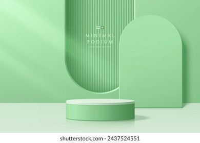 Fondo 3D verde abstracto con pedestal de podio de cilindro verde y blanco realista, forma de arco de textura vertical. Exhibición de producto de maqueta de escena mínima pastel. Diseño de formas geométricas. Escaparate escénico.