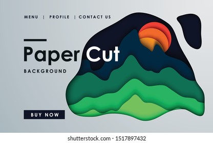 Abstract green 3D mountain paper cut background with a moon