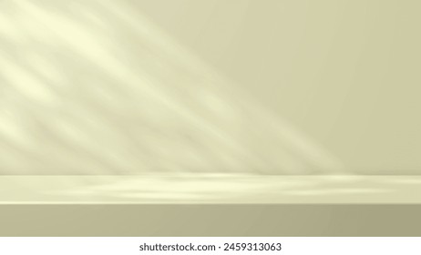 Abstract green 3d studio room background with shadow of window and palm leaves for product presentation, vector illustration.