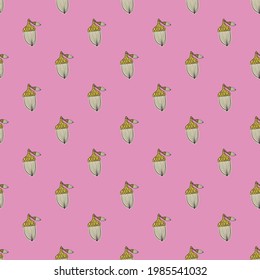 Resumen de elementos de bellota verde sin fisuras patrón de doodle. Lilac fondo claro. Ornamento de naturaleza orgánica. Ilustración vectorial para impresiones textiles estacionales, tela, carteles, telas de fondo y papel pintado.