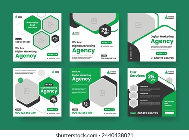 Abstract Green Advertisement Square Web Post for Company Promotion Set. Modern Digital Marketing Agency Social Media Post For Business. 