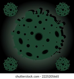 Abstract with green alien cheese planet with crater. Coronavirus Planet 2019. Extraterrestrial civilizations. Creative background with a microorganism.