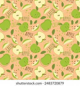 Abstract green apple pattern in flat style. Fresh, delicious fruit seamless pattern. Vector background. Summer freshness for health. For background, juice, ice cream or packaging.