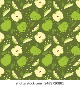 Abstract green apple pattern in flat style. Fresh, delicious fruit seamless pattern. Vector background. Summer freshness for health. For background, juice, ice cream or packaging.