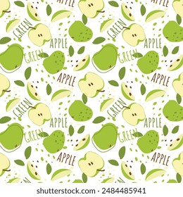 Abstract green apple pattern in flat style. Fresh, delicious fruit seamless pattern. Vector background. Summer freshness for health. For background, juice, ice cream or packaging.