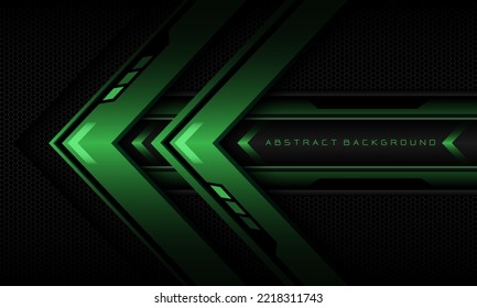 Abstract green arrow black cyber geometric line banner on black hexagon mesh pattern design ultramodern luxury futuristic technology background vector illustration.