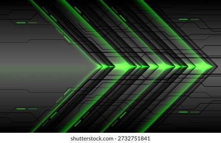 Tecnología de dirección de energía de flecha verde Abstractas Circuito de línea negra futurista Geométrico cibernético en diseño metálico gris Ilustración vectorial de fondo ultramoderna.