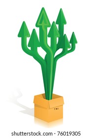 abstract green arrow tree growing out of cardboard box on white background
