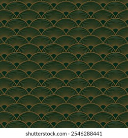Resumo verde art deco fundo sem emenda. Vetor de padrão de ondas florais art déco japonês.