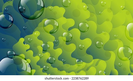Abstract green azure wallpaper with 3D effect. Transparent bubbles of different sizes on a background of overlapping wavy shapes. Vector.
