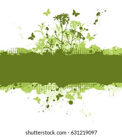 Abstract green background with chamomile flowers and butterflies. Ecology concept.