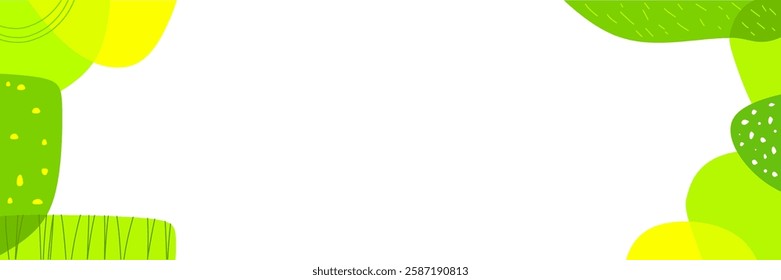 Abstract green background of doodle shapes, lines on white background with blank space in center for text. Minimalist wavy background.