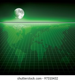Abstract green background with earth map and moon