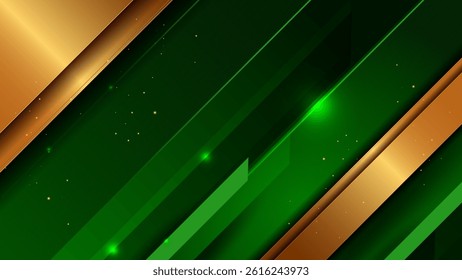 Abstract green background with elegant diagonal gold lines, Islamic and Diwali festival banner, invitation wallpaper design, luxury vector art, 1920x1080, not AI generated