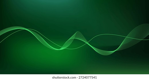 Fundo verde abstrato com elegantes linhas de ondas brilhantes e gradiente suave para tecnologia ecologicamente correta