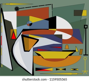 abstract green background ,fancy geometric and curved shapes brown , blue, yellow