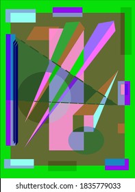 Fondo de color verde abstracto, formas geométricas y curvadas, azul, rosa