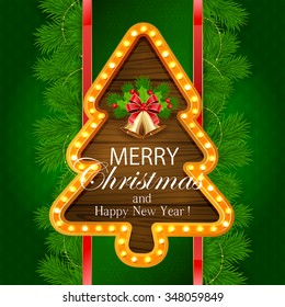 Abstract green background with fir tree branches, snowflakes, retro lights on wooden banner in the form of Christmas tree, golden bells with red bow and holly berry, illustration.