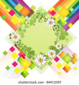 Abstract green background with flowers and rainbow