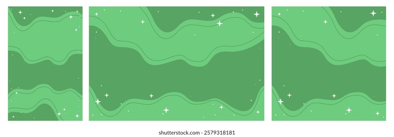 Abstract Green Background With Flowing Wavy Shapes and Sparkling Stars, Set of Multiple Holiday Vector Design Templates for Social Media