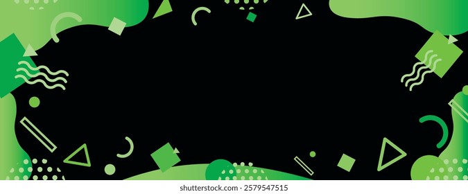 Abstract green background with geometric shapes. The background features a dark green center with lighter green accents and smooth texture. Memphis pattern frame background. Black background vector.