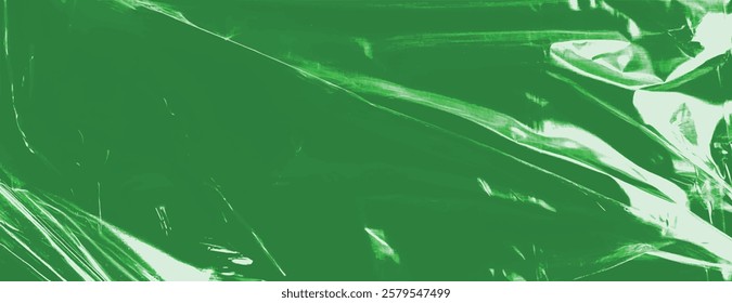 Abstract green background with a glossy, plastic-like texture. The green background features smooth, reflective surfaces. Plastic foil wrap texture background. Green background vector.