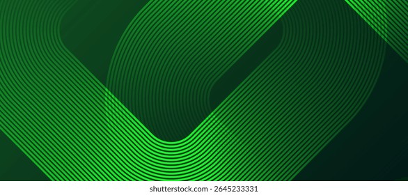 Abstract green background with glowing geometric lines. Modern gradient rounded square lines pattern. Futuristic concept.