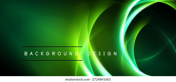 Abstract green background. Glowing lines create circular shapes, modern design element. Dark space surrounds bright curves.