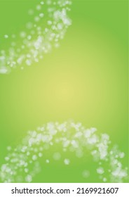 Abstract Green Background with Golden Circular Spot Lights.  Vibrant Sunlight  Summer and Spring Texture. Bokeh Blurry Template. Shiny Gradient Cover. Festive Christmass and New Year Snow on Green. 