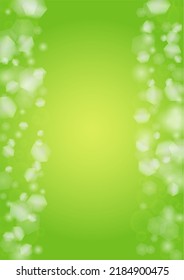 Abstract Green Background with Golden Circular Spot Lights.  Vibrant Sunlight  Summer and Spring Texture. Bokeh Blurry Template. Shiny Gradient Cover. Festive Christmass and New Year Snow on Green. 