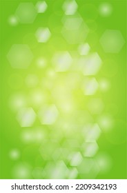 Abstract Green Background with Golden Circular Spot Lights.  Vibrant Sunlight  Summer and Spring Texture. Bokeh Blurry Template. Shiny Gradient Cover. Festive Christmass and New Year Snow on Green. 