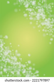 Abstract Green Background with Golden Circular Spot Lights.  Vibrant Sunlight  Summer and Spring Texture. Bokeh Blurry Template. Shiny Gradient Cover. Festive Christmass and New Year Snow on Green. 