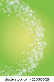 Abstract Green Background with Golden Circular Spot Lights.  Vibrant Sunlight  Summer and Spring Texture. Bokeh Blurry Template. Shiny Gradient Cover. Festive Christmass and New Year Snow on Green. 
