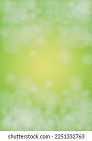Abstract Green Background with Golden Circular Spot Lights.  Vibrant Sunlight  Summer and Spring Texture. Bokeh Blurry Template. Shiny Gradient Cover. Festive Christmass and New Year Snow on Green. 