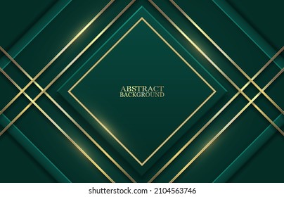 Abstract green background with golden glowing stripes and square frame. Vector illustration.