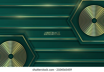 Abstract green background with golden glowing horizontal stripes and circles. Vector illustration.