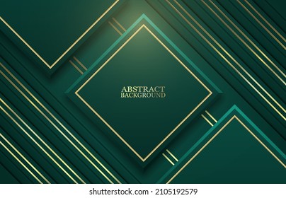 Abstract green background with golden glowing stripes and square frame. Vector illustration.