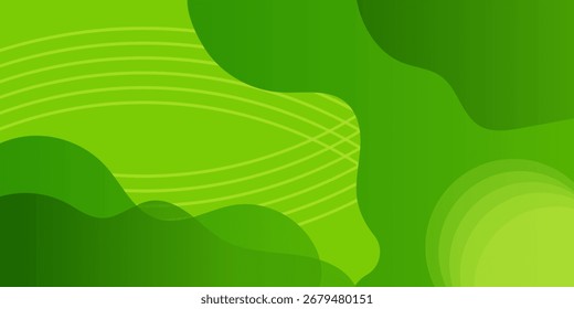 Plano de fundo verde abstrato com formas de gradiente e linhas curvas.