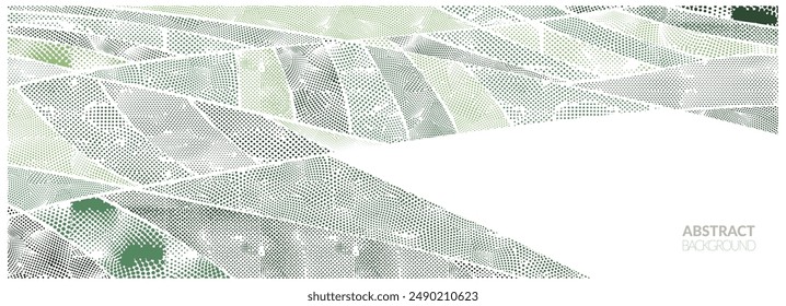 Abstract green background with halftone dot, vintage texture, and comic effect. Mountain landscape, farm fields, wine hills in grunge style. Gradient waves and grainy noise frame, modern vector design