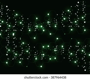 Abstract green background with hexagons and circle light.