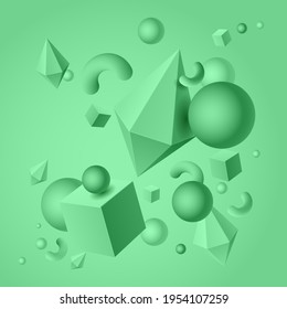 Resumen del fondo verde con la imagen de formas geométricas 3d de cubos, rombos, calambres, bolas, ilustración vectorial 10EPS