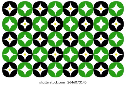 abstract green background. An Indonesian ethnic style batik background, simple yet vibrant. Green and black floral shapes with yellow dots create a dynamic geometric pattern. Floral background design