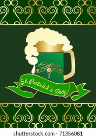 abstract green background with isolated beer mug, ribbon